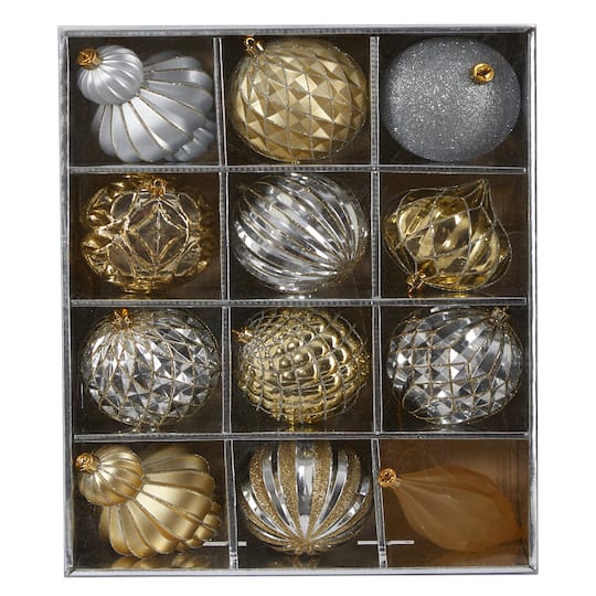12ct. 4&#x22; Gold &#x26; Silver Shatterproof Luxe Ornament Set